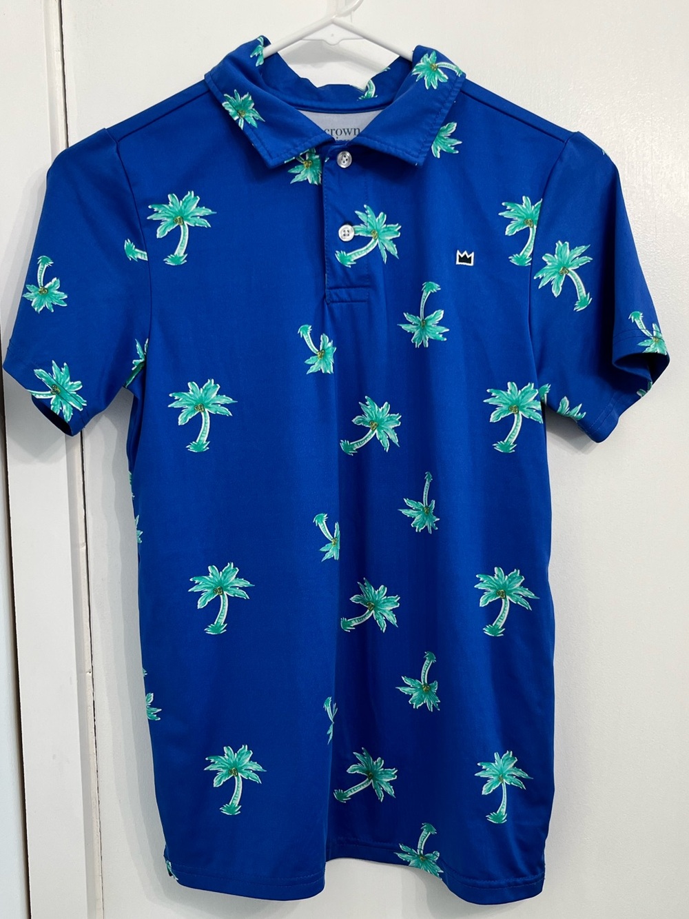 Crown & Ivy Kids Blue Palm Tree Performance Polo Shirt Size M Tropical